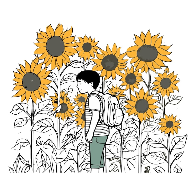 Plik wektorowy chłopiec z plecakiem i słonecznikami na polu ilustracja wektorowa projekt graficzny