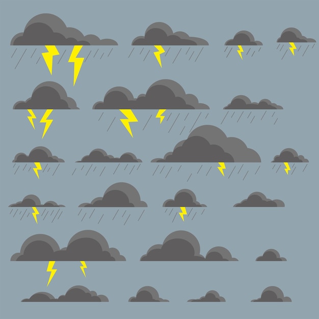 Plik wektorowy chmura pochmurno, deszczowo i burza z piorunami ustawić ikonę grafiki projektowej. ilustracja wektorowa eps10
