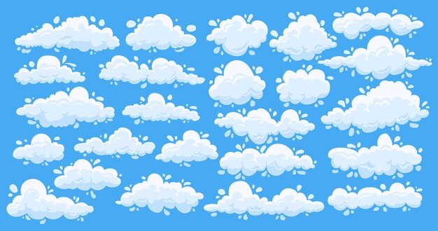 Chmury Kreskówek śliczne Proste Letnie Chmury Na Błękitnym Niebie Płaskie Białe Elementy Gry Wektor Zestaw