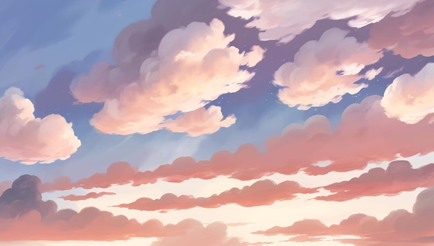 Chmury na tle nieba podczas wschodu lub zachodu słońca złotej godziny ręcznie rysowane malarstwo ilustracja