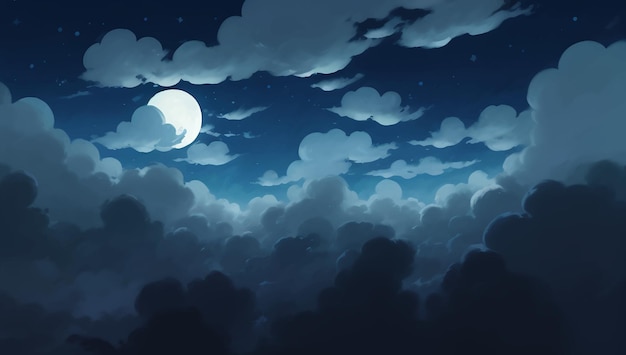 Chmury niebo oświetlone przez księżyc w nocy ręcznie rysowane malarstwo ilustracja
