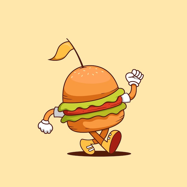 Chodzący Burger Ilustracja Kreskówka Retro Burger Kreskówka Maskotka Wektor Ilustracja W Spacerowej Pozie Szczęśliwie