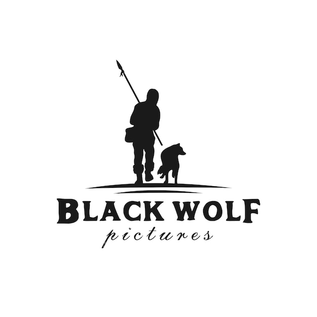 Chodzący Myśliwy Polarny Przynosi Włócznię Z Logo Wolf Silhouette Vintage Rustic Ręcznie Rysowane Logo