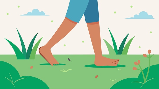 Plik wektorowy chodzenie stopą po świeżej trawie, uczucie chłodnych ostrzy pod stopami to doświadczenie.