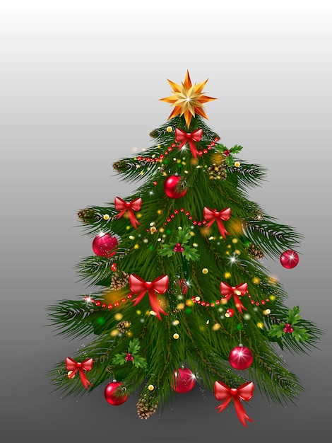 Choinka z dekoracjami świątecznymi - ozdoby, gwiazdki, girlandy, płatki śniegu, lampy. szablon ilustracji