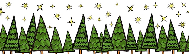 Choinki wektor granicy Jednolite wzór ręcznie rysowane doodle drzewa zielony czerwony Dekoracyjne zimowe wakacje szkic projekt dla wstążek dekoracja kartka scrapbooking banery