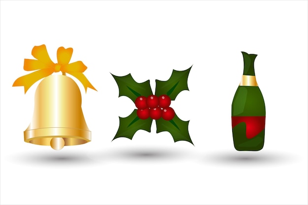 Christmas Holly Berry Set, Christmas Jingle Bells, Christmas Wine Bottle Vector