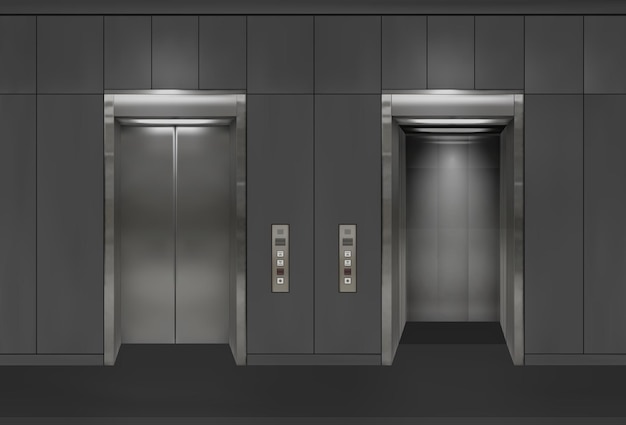 Plik wektorowy chromowane metalowe drzwi windy biurowej wariant otwarty i zamknięty realistyczna ilustracja wektorowa szare panele ścienne winda biurowa