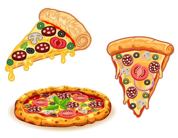 chrupiąca pizza świeżo pieczona z kiełbaską pomidorami oliwkami grzybami i serem ilustracja wektorowa