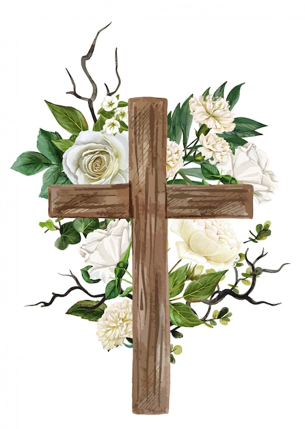 Chrześcijański drewniany krzyż ozdobiony białymi różami i liśćmi