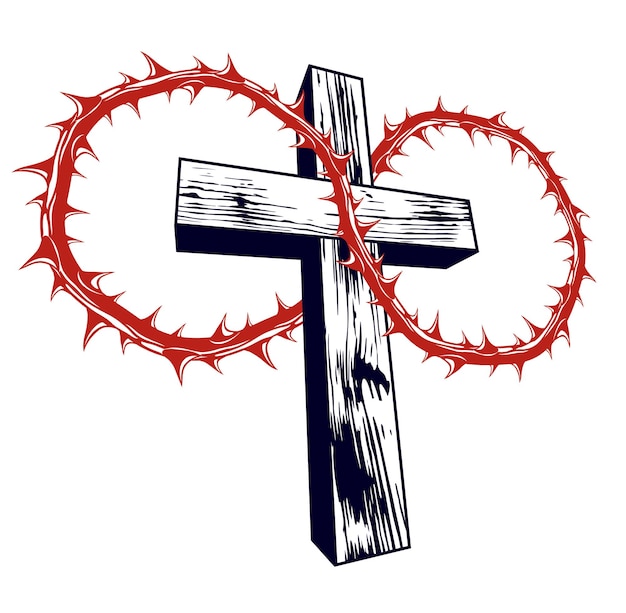 Chrześcijański krzyż z logo religii wektor cierń tarniny lub tatuaż, pasja Chrystusa.