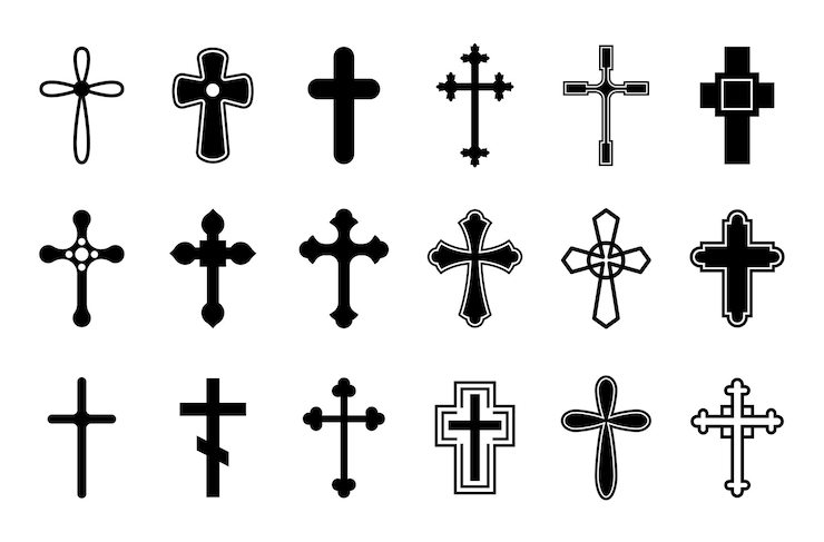 Wektor chrześcijańskie krzyże krzyż ikony prawosławne katolickie symbole religijne na białym tle dekoracyjne święte elementy kościół zarys logo dokładna kolekcja wektorów