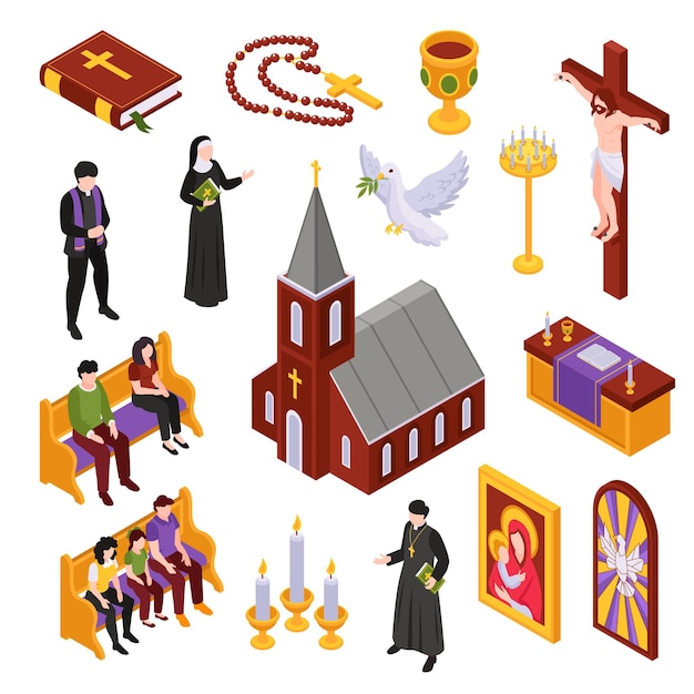 Chrześcijaństwo izometryczny zestaw biblii chrystusa ukrzyżowanego na krzyżu wierzeń słuchanie kazania w kościele na białym tle symbole ilustracji wektorowych