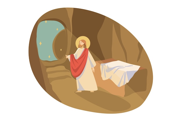 Chrześcijaństwo, religia, koncepcja biblijna. Jezus Chrystus syn Boży prorok ewangelii religijny biblijny charakter wyjścia z grobu jaskini miejsce pochówku. Wniebowstąpienie Mesjasza i przykład Nowego Testamentu.