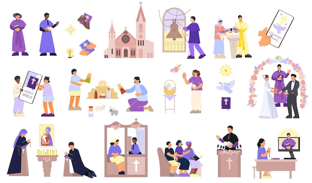 Chrześcijaństwo Z Płaskimi Odizolowanymi Ikonami świętych Ksiąg Kościoły Religijne Symbole Służące I Modlące Się Ilustracji Wektorowych Ludzi