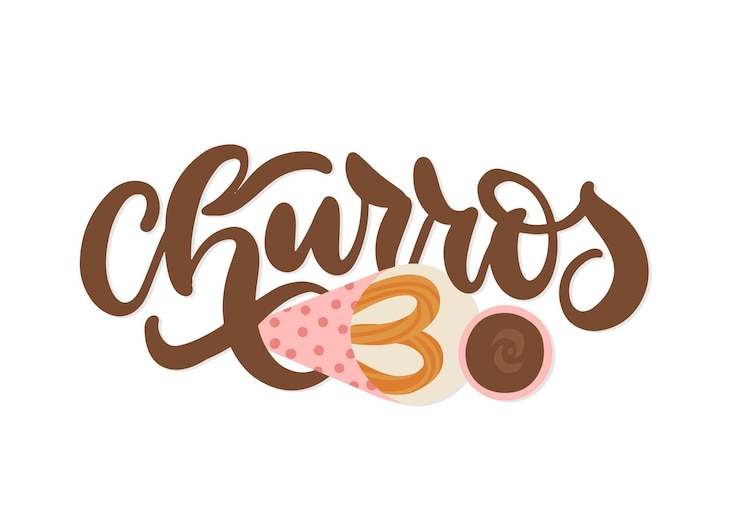 Wektor churros napis koncepcja z churros kije w papierowej torbie wektor ręcznie rysowane płaska typografia illsutr