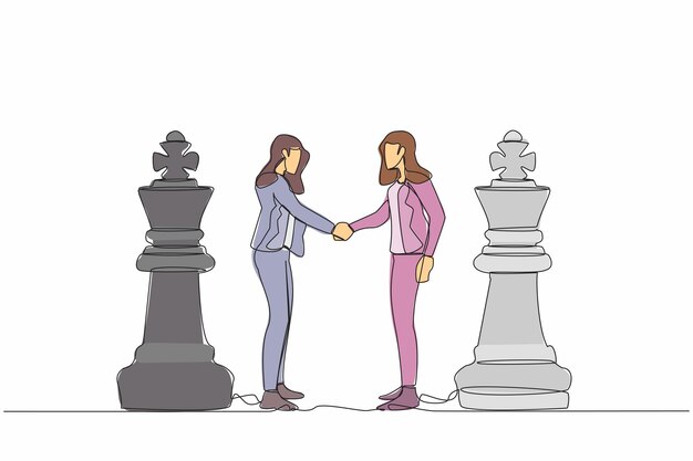 Plik wektorowy ciągła jedna linia przedstawiająca dwie kobiety biznesu uściskające sobie ręce, stojąc między wektorami