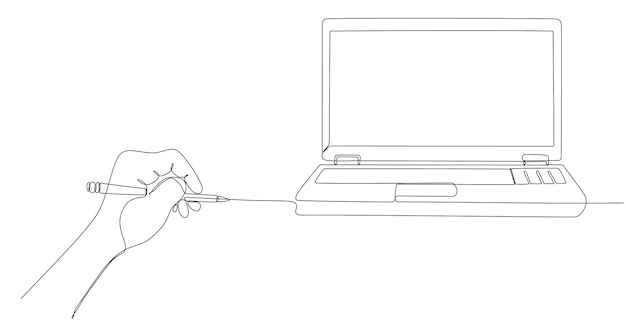 Ciągła Linia Laptop Komputer Ręcznie Rysowane Koncepcja Biznesowa Premium Vektor