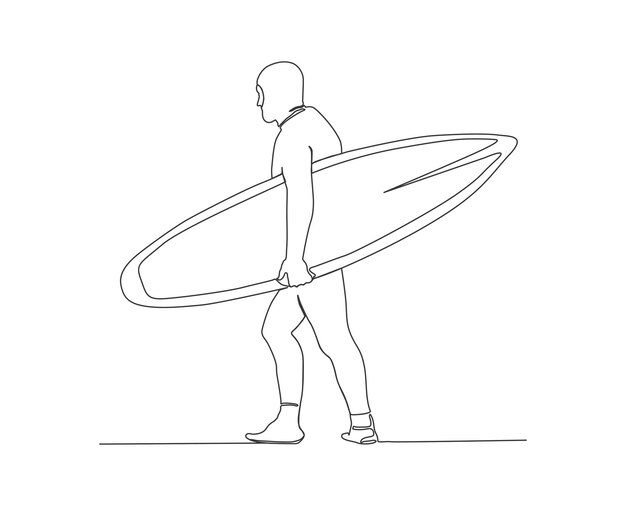 Ciągła linia surfera trzymającego deskę surfingową Surfer ręcznie rysowane w stylu minimalizmu