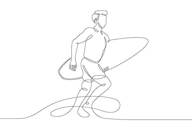 Plik wektorowy ciągła, pojedyncza narysowana linia surfera na desce surfingowej na grzbiecie fali na plaży
