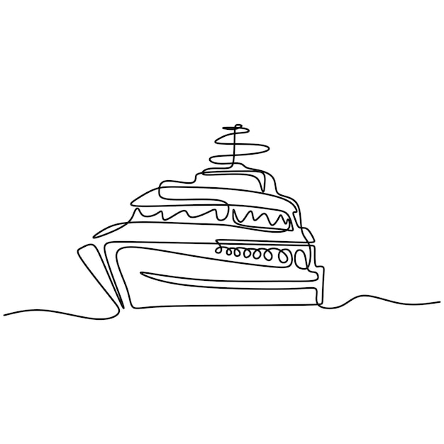 Ciągłe jedna linia ręcznie rysowane duży statek wycieczkowy na morzu Królewski pasażerski statek wycieczkowy nad morzem Ocean podróży wakacje koncepcja projekt szkic szkic ilustracji wektorowych