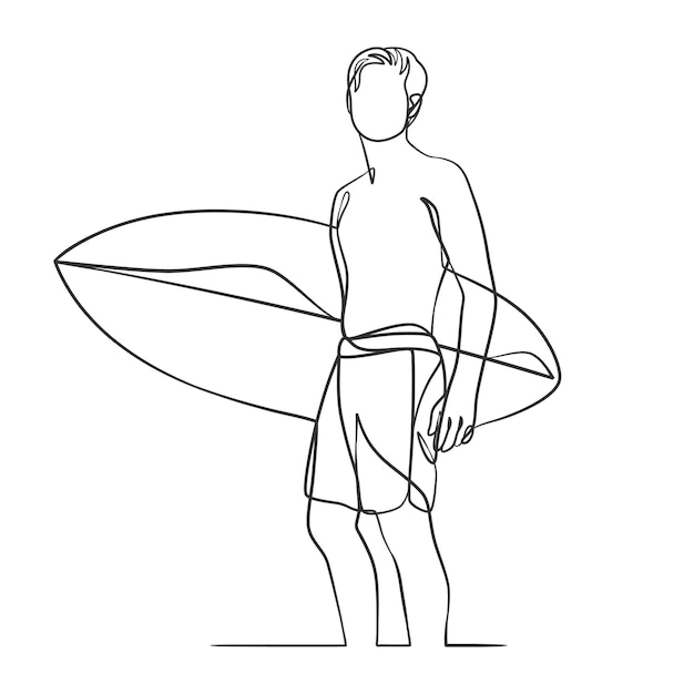 Ciągłe rysowanie linii surfera z deską surfingową Jeden rysowanie linii surfera z deską surfingową