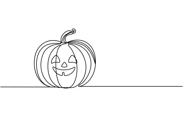 Ciągły jednoliniowy rysunek dyni i szczęśliwego tekstu halloween na białym tle Pro Vector