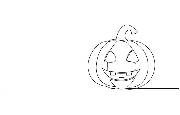Ciągły jednoliniowy rysunek dyni i szczęśliwego tekstu halloween na białym tle Prov Vector