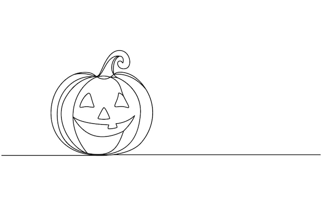 Ciągły jednoliniowy rysunek dyni i szczęśliwego tekstu halloween na białym tle