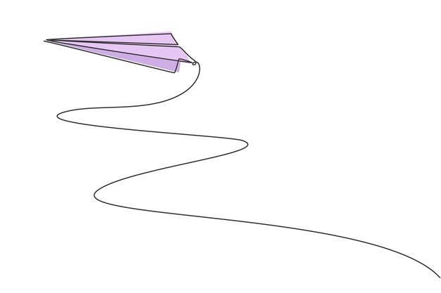 Ciągły papierowy samolot rysujący jedną linię lecący do nieba na białym tle wektora origami