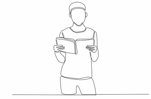 Ciągły rysujący linię młody człowiek czyta książkę premium vector
