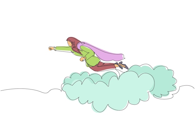 Plik wektorowy ciągły rysunek jednej linii arabska bizneswoman superbohater leci w górę i zostawia chmurę pyłu