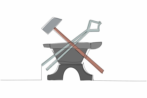 Plik wektorowy ciągły rysunek jednej linii ikona narzędzi kowalskich skrzyżowane szczypce młotki konstrukcja wektora kowadła
