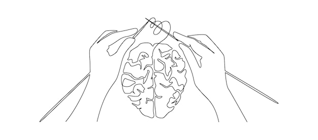 Ciągły Rysunek Jednej Linii Ludzkich Rąk Robiących Na Drutach Mózg Koncepcja Zdrowia Psychicznego I Psychoterapii W Prostym Stylu Liniowym Edytowalna Ilustracja Wektora Doodle Obrysu