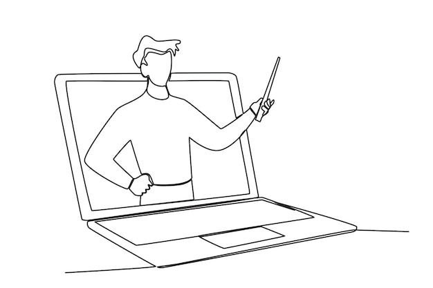 Ciągły Rysunek Jednej Linii Mężczyzna Z Ręką Trzymającą Kij Pozycja Procentowa Wychodząca Z Ekranu Laptopa M