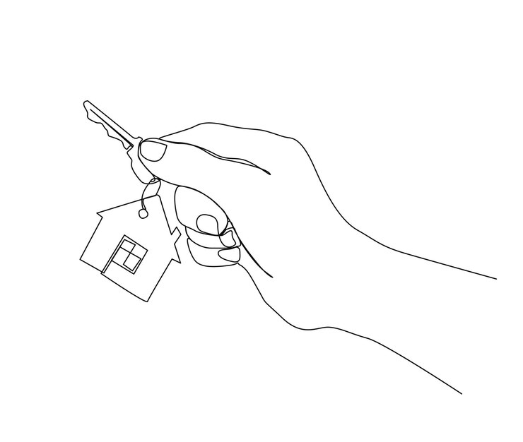 Wektor ciągły rysunek jednej linii ręki trzyma klucze do domu house key prosty projekt wektorów liniowych