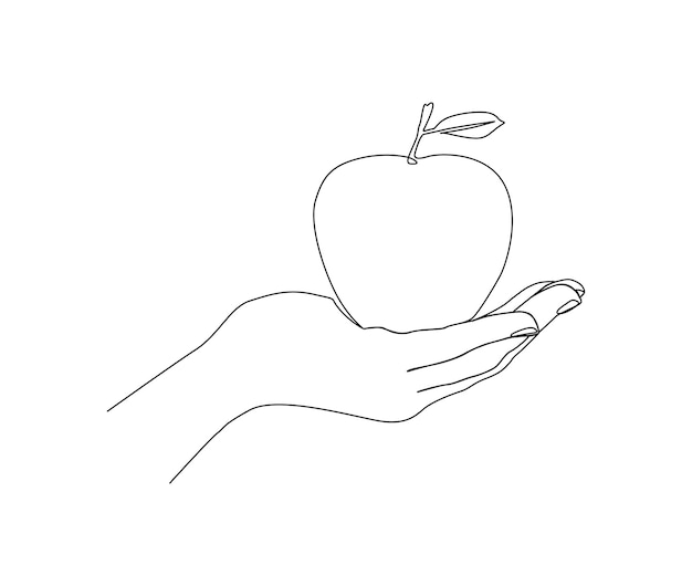 Ciągły Rysunek Jednej Linii Ręki Trzymającej Owoc Jabłkowy