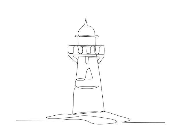 Ciągły Rysunek Jednej Linii Wieży Latarni Morskiej. Prosta Ilustracja Wieży Na Wzgórzu Zamkowym, Wybrzeże Morskie