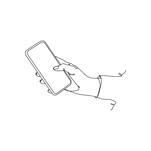 Ciągły rysunek linii osoby trzymającej smartfon za rękę trzymającą smartfon