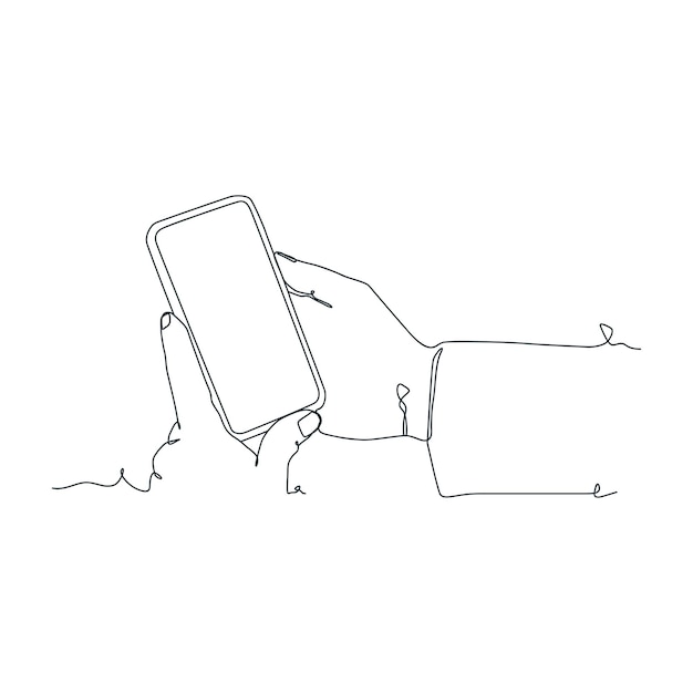 Ciągły rysunek linii osoby trzymającej smartfon za rękę trzymającą smartfon