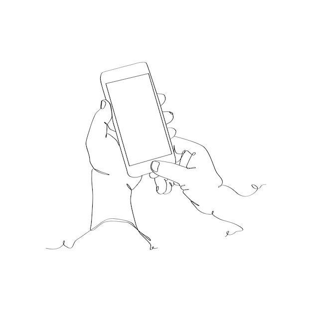 Ciągły rysunek linii osoby trzymającej smartfon za rękę trzymającą smartfon