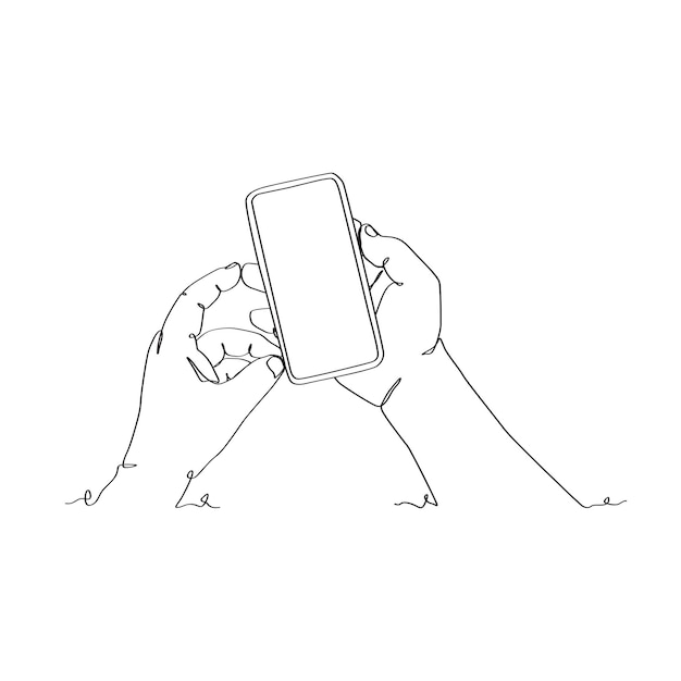 Ciągły rysunek linii osoby trzymającej smartfon za rękę trzymającą smartfon