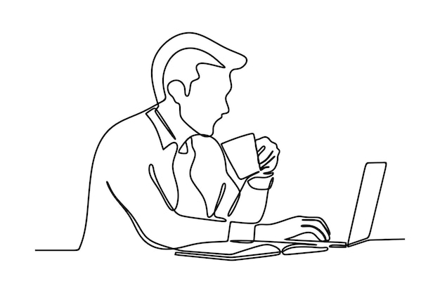 Ciągły Rysunek Pewnego Siebie Biznesmena Używającego Laptopa Podczas Picia Kawy