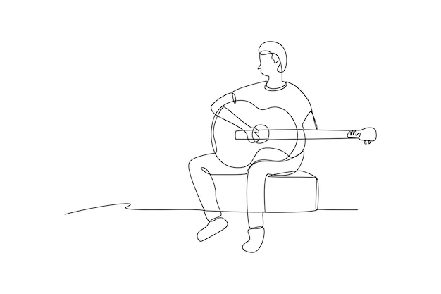 Ciągły rysunek studenta grał muzykę na gitarze. Prosta praktyka, minimalistyczna koncepcja, edytowalny skok