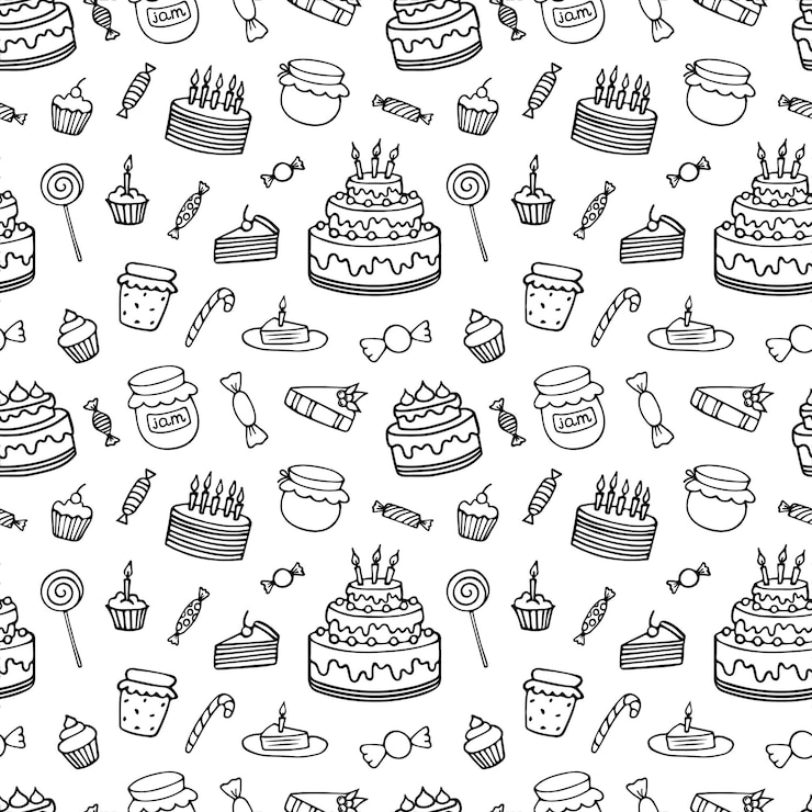 Wektor ciasta i słodycze wektor zarys doodle wzór tła z ciasta lizaki