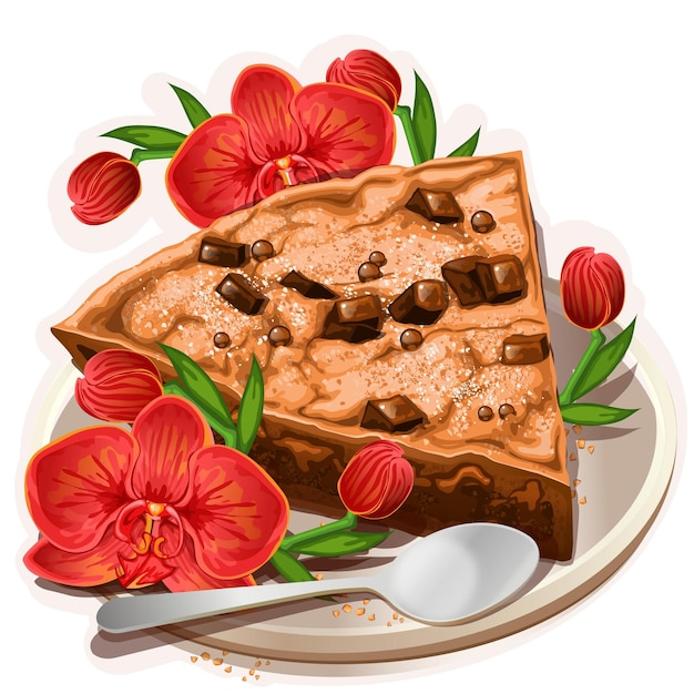 Plik wektorowy ciasto czekoladowe z kawałkami świeżej czekolady i kwiatem