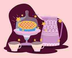 Plik wektorowy ciasto dzbanek do herbaty i filiżanki kawy gotowanie w ilustracja napis stylu kreskówka