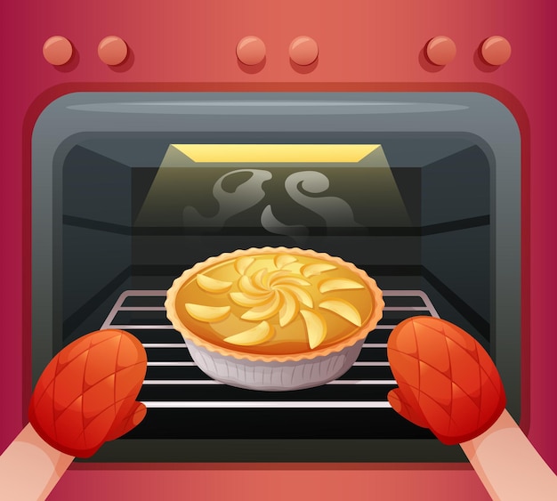 Plik wektorowy ciasto z pieca ręce w przeciwpożarowych rękawiczkach wyciągają ciasto z kuchenki kuchnia wiejska lub domowy koncept piekarni pieczyć ciasto owocowe tworzenie ciast kreskówkowych jedzenie na tacce wektorowa ilustracja