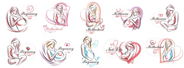 Ciąża i macierzyństwo temat ilustracji wektorowych zestaw rysunków kobieta w ciąży na białym tle, prenatalnej ciąży piękna kobieta nowy motyw życia.