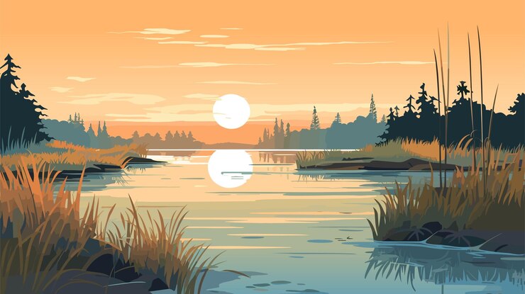 Wektor cichy letni wieczór piękna natura przytulny backwater na brzegu rzeki ilustracja wektorowa